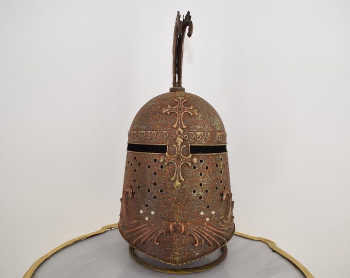 Rustic Knight Helmet on Stand – Medieval Armor Decor | Vintage-Style Helmet | Gothic Warrior Home Accent