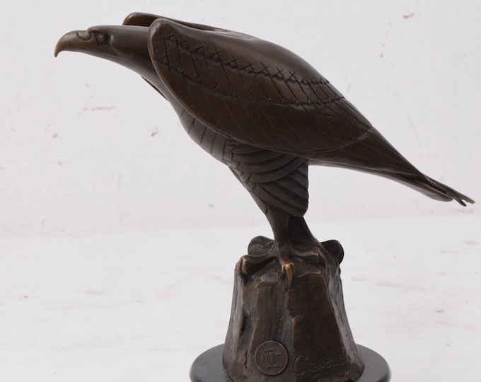 Bronze Eagle Sculpture, Figure Bronze Hunter Eagle on Marble, Foundry Mark, Hunting Statue, Elegant Gift Idea - Home Decor