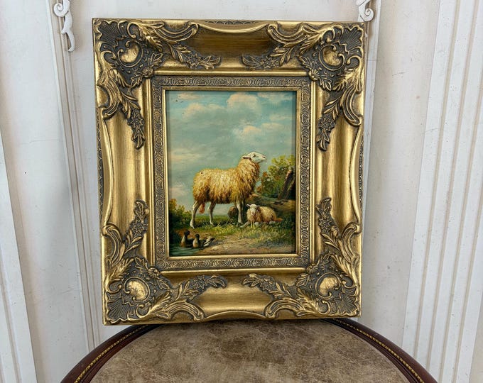 Sheep Family Painting – Pastoral Art in Golden Frame
