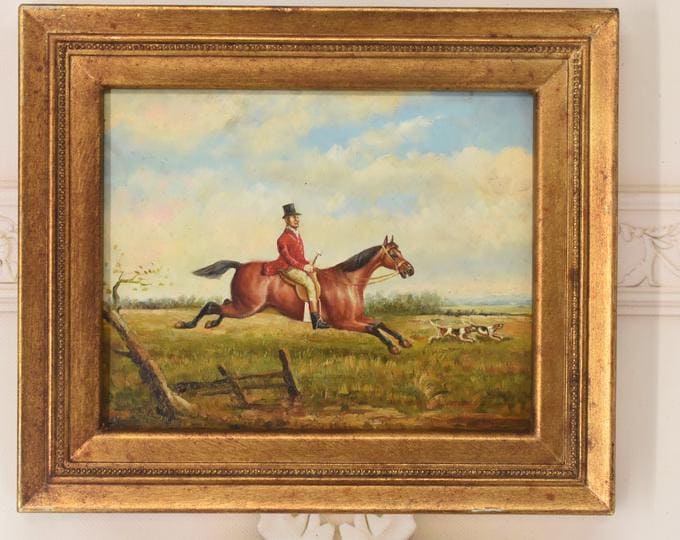 Jockey on Horse Painting – Oil on Wood, Golden Frame French Art