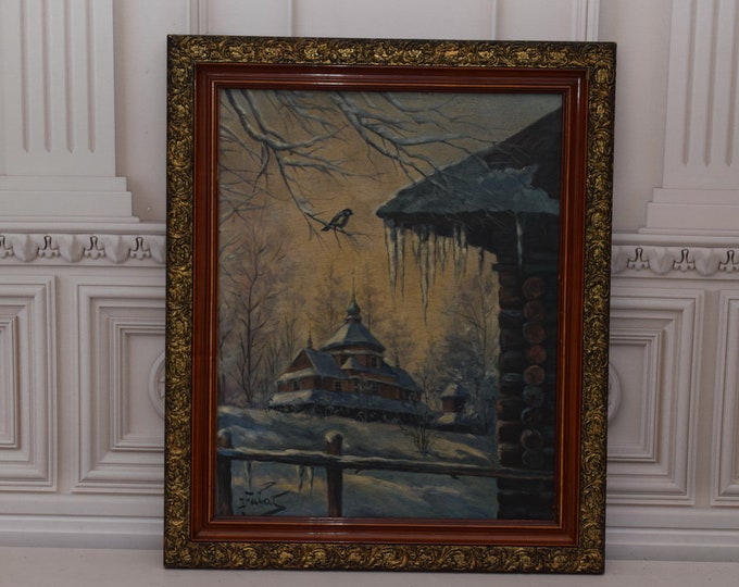 Antique Painting Orthodox Church - Winter Landscape Painting - Old Wall Decor - Wall Art -Nice Wooden Frame - Home Decor - Gift Idea
