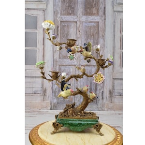 XXL Candlestick Birds on a Branch - Porcelain and Bronze Ornament - Colorful Candleholder - Art Nouveau Porcelain - Home Decor