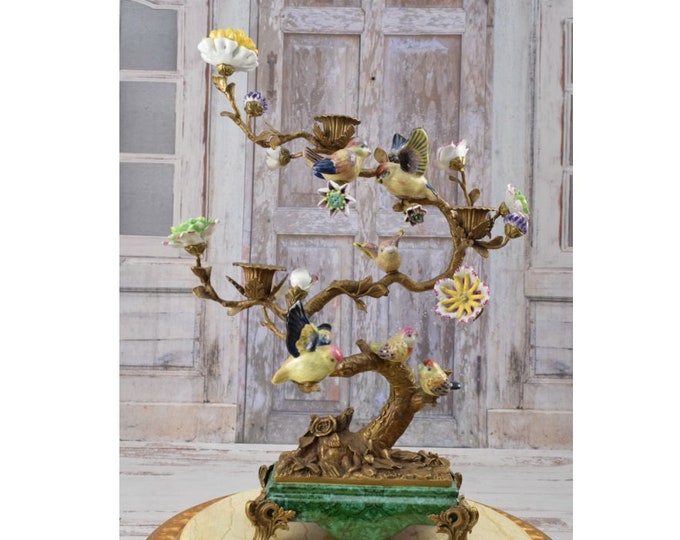 XXL Candlestick Birds on a Branch - Porcelain and Bronze Ornament - Colorful Candleholder - Art Nouveau Porcelain - Home Decor