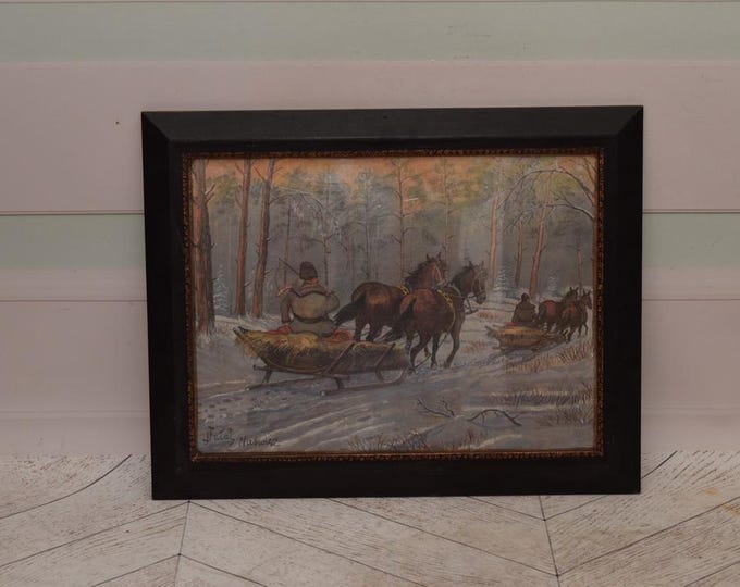 Antique Painting Hunting Trip - Falat Nieswiez Polish Art - Hunter Painting - Winter Landscape - Wall Home Decor - Old Frame - Gift Idea