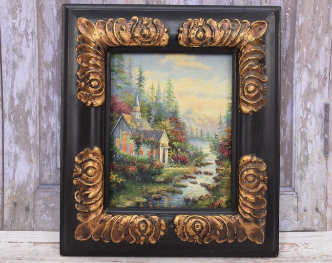 French Landscape - River and Waterfall Nature Art - Painting with Gold and Black Frame - Handmade Gift - Wall Decor - Amazing Home Decor