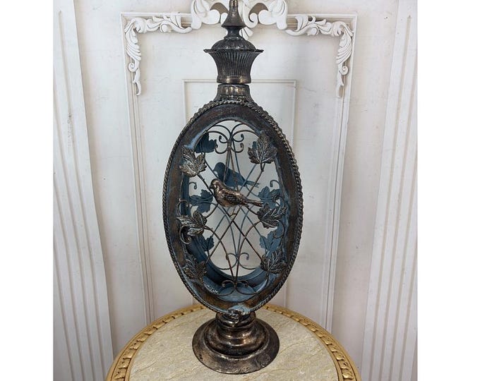 Vintage Metal Bird Lantern - Ornate Oval Candle Lantern - Decorative Bird & Leaf Design - Rustic Home Decor