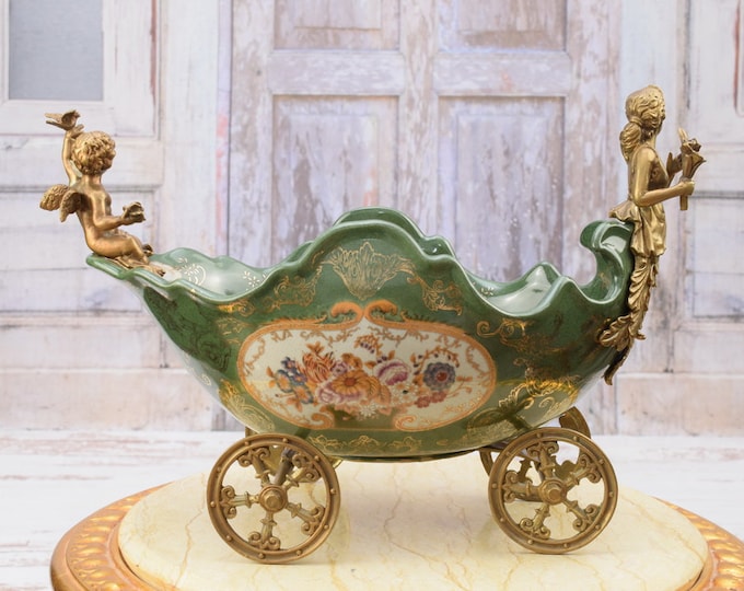 Porcelain Plateau - Green Porcelain with Bronze Ornaments - Carriage Porcelain - Nymph and Angel Design -Flowers Ornaments - Home Decor