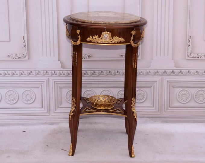 Baroque Round Table with Marble, Wood, Porcelain & Brass – Elegant Floral Stand, Antique-Style Accent Table for Home Decor