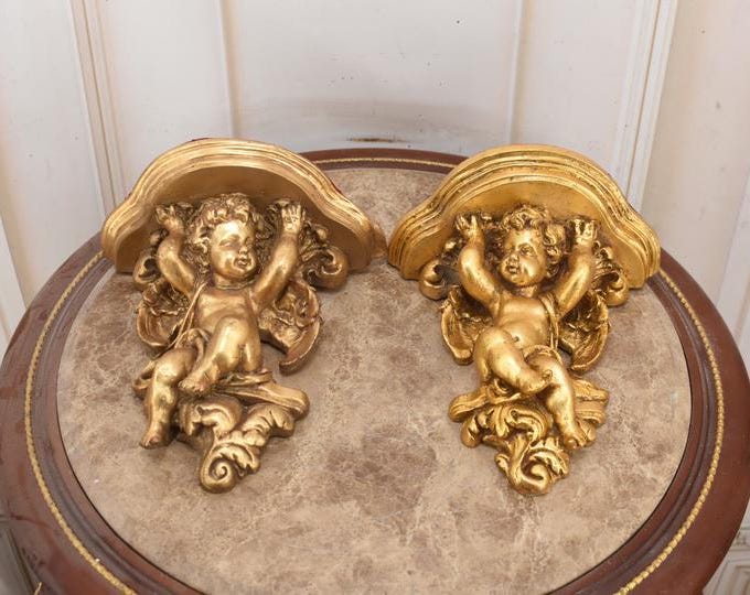 Vintage Gold Angel Wall Shelf Pair – Baroque Rococo Decor