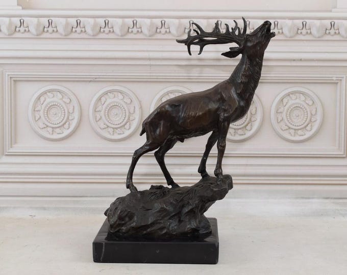 Large Roaring Deer on Rock - Hunting Bronze Sculpture on Marble Base - Unique Hunter Figure - Home Office Decor - Gift Idea