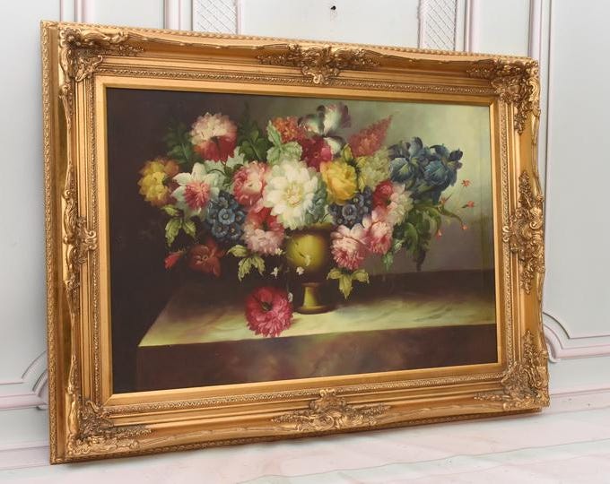 Very Large 44inch - Framed Floral Oil Painting on Canvas - French Style Luxury Wall Art