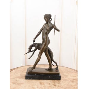 Bronze Diana with Greyhound Sculpture: Goddess Hunter Figure