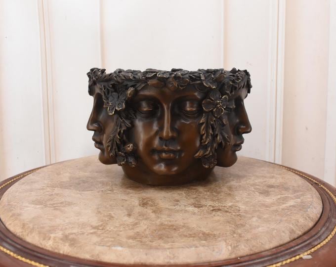 Figural Bronze Vase / Planter – Five Female Faces – Art Nouveau Style – Bronze Sculpture