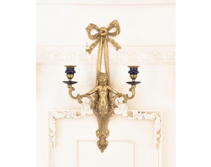 Vintage French Gilt Bronze Candelabra – Cupid Double Arm Sconce, Cobalt Accents