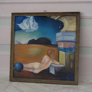 Salvador Dali - Pintura Antiga Abstrata Ato Mulher - Pastel sobre Caixa Estilo Dali - Mulher Deitada - Pintura de uma Coleção Espanhola - Decoração de Parede