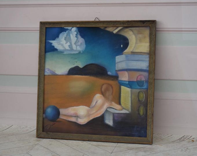 Salvador Dali - Old Painting Abstract Act Woman - Pastel on Carton Dali Style - Lying Woman - Painting of a Spanish Collection - Wall Decor