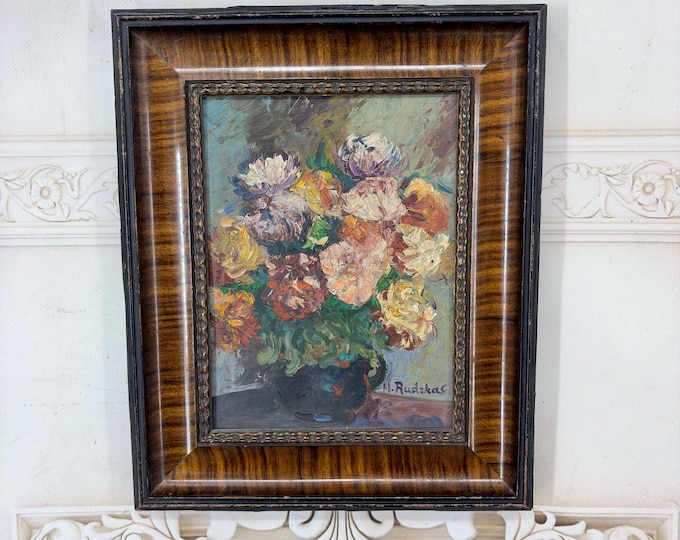 Vintage Floral Still Life Oil Painting on Wood - Signed H. Rudzka - Framed Polish Modernist Flower Painting