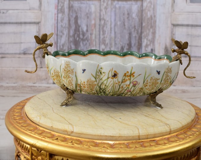 Beautiful porcelain flowers design - bowl with bronze ornaments - dragonfly bronze - green plateau porcelain antique style