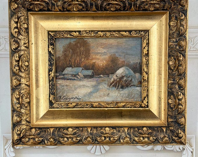 Antique Oil Painting on Wood – Winter Village Scene, Gilded Frame