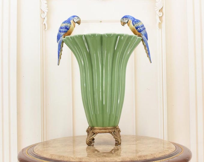 Unique Green Flower Vase with 2 - Parrots Porcelain with Bronze Ornaments - Vase Art Nouveau - Flowers Design - Parrots Art Gift Home Decor