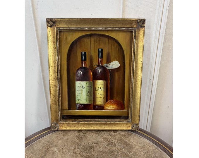 French Wine Still Life Oil Painting: Vintage Rustic Kitchen Art
