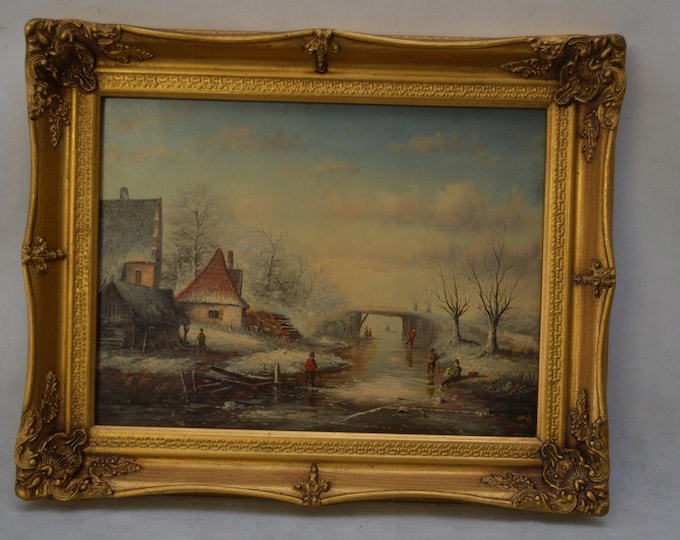 Winter Landscape ice fun kids oil on wood nice painting oil Art  Gift   Art Deco goldene frame