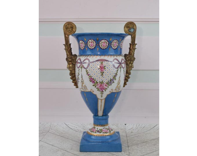 Elegant Blue Porcelain Vase with Gilded Flowers and Bronze Ornaments – Luxury Flower Pot for Home Decor – Perfect Wedding Gift