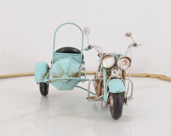Unique Blue Motorbike with Sidecar - Old School Metal Model - Old Motorcycle Model - Vintage Toy - Collector Item - Gift Idea - Home Decor
