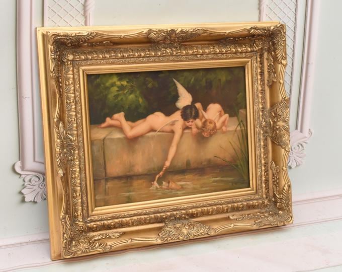 Seated Winged Two Cupid Oil Painting | Thoughtful Romantic Cherub on Wood from French Estate