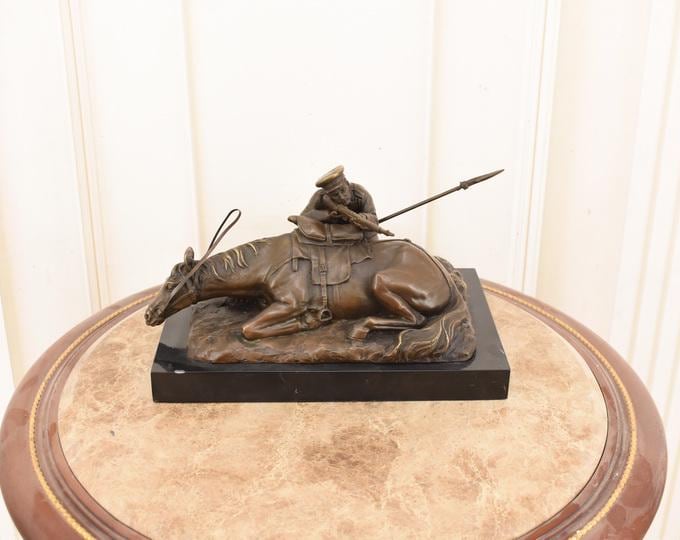 Russian Soldier with Horse Bronze Statue – Military Figurine – Signed Bronze Sculpture – Equestrian Figure