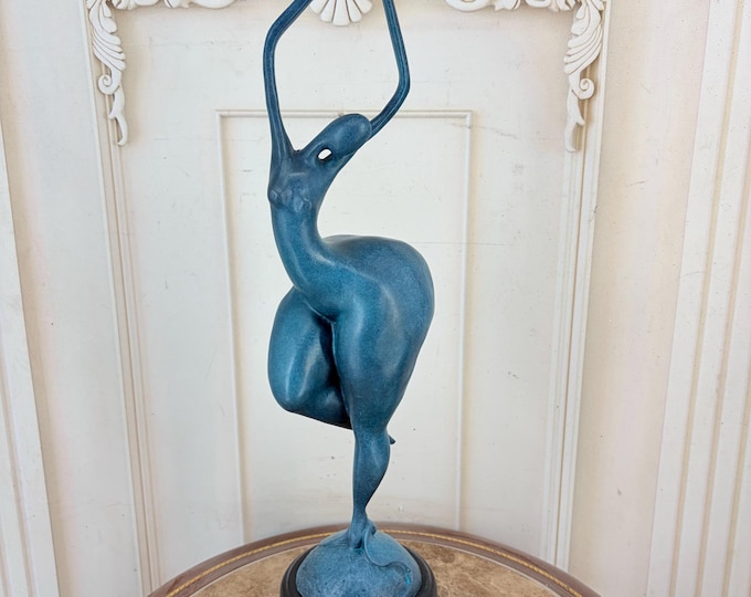 Art Deco Bronze Dancer Statue: Blue Patina Woman Sculpture