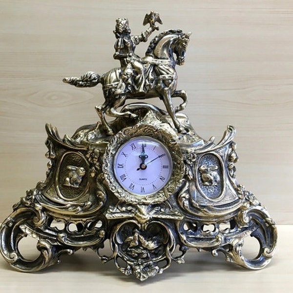 Luxury Brass Table Clock Hunter on Horse - Table Clock - Fireplace Hunting Clock - Exclusive Gift Idea