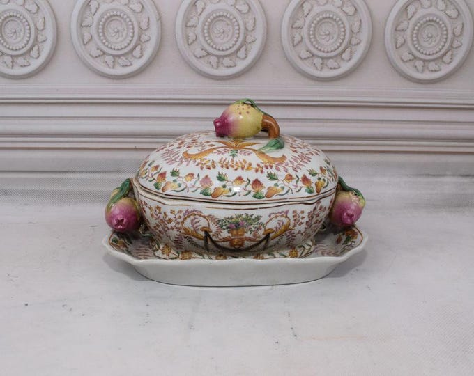 Very Rare Antique Porcelain Casket - Fruit Plate Flowers Design - Unique Box with Floral and Birds Design - Home Decor - Gift for Wedding