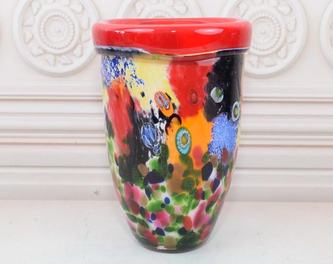 Red and Orange Vase Murano Style Glass - Handcrafted Flower Pot - Vase with Peacocks Eyes Design - Gift Idea - Italian Glass - Home Decor