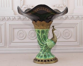 Rare Porcelain Fruit Plate: Peacock Design, Bronze Ornaments