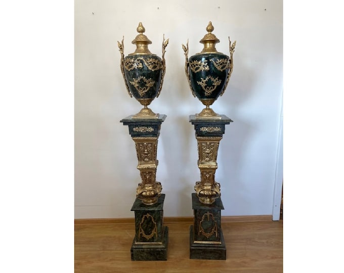 Large Marble Amphores - Heavy and Solid Pedestals - Green Marble and Bronze Ornaments - Antique Urns - Home Decor - Palace Decorations
