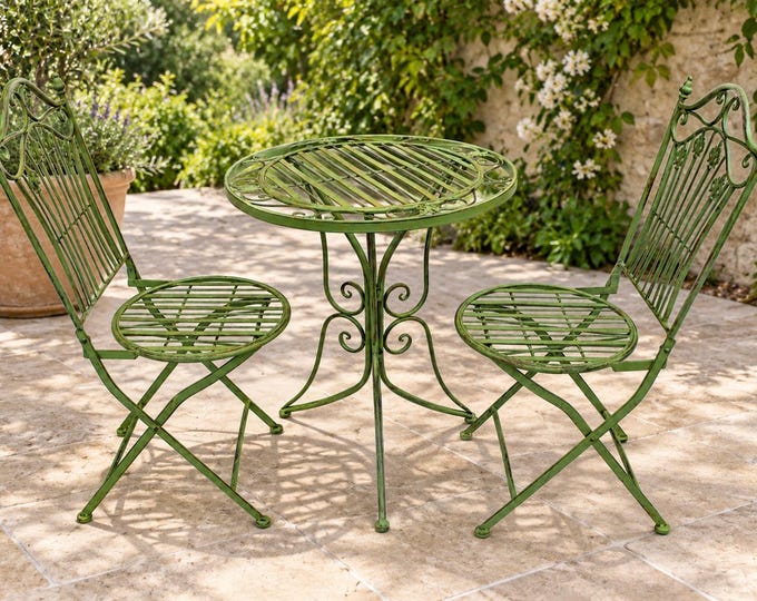 Vintage Green Metal Garden Furniture Set - Patio Table & 2 Folding Chairs - Outdoor Bistro Set