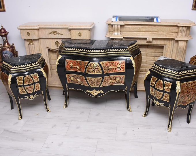 Antique French Boulle Chests – Marble Top, Bronze Mounts, Beech Wood c. 1920