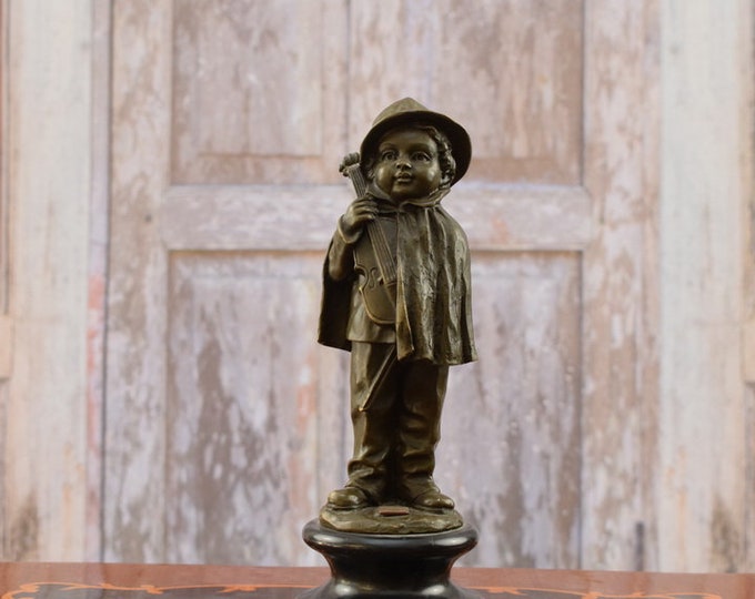 Bronze Musician - Young Boy Violinist Violin Statue - Figurine Exclusive Gift - Unique Home Decor - Richly Decorated