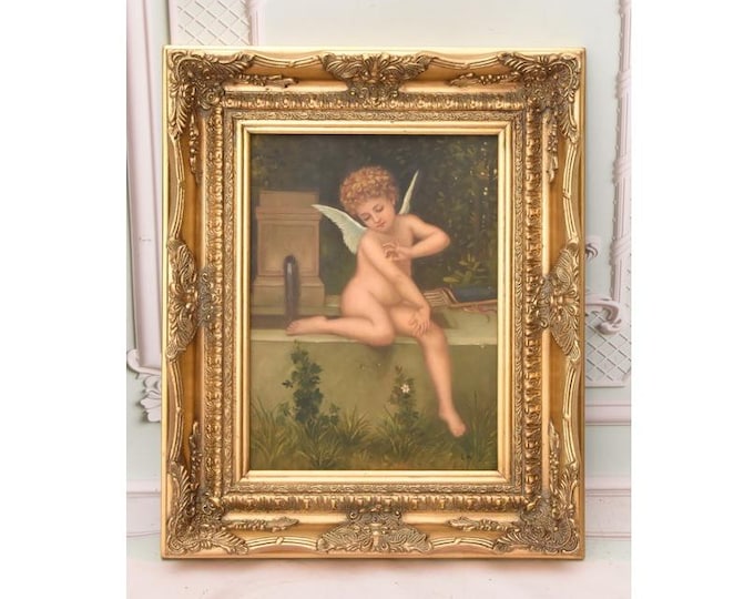 Seated Winged Cupid Oil Painting | Thoughtful Romantic Cherub on Wood from French Estate