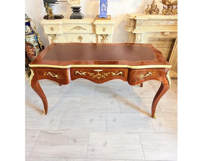 LARGE Vintage Louis XVI Style Inlaid Writing Desk, French Leather Top Office Furniture