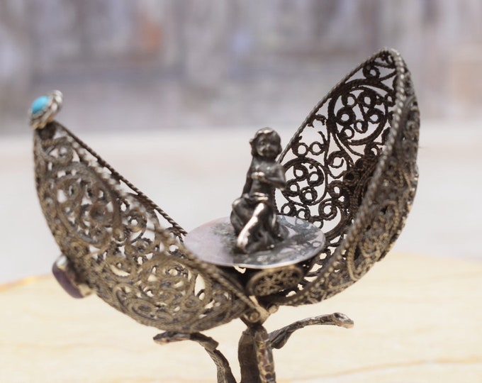 Silver Art Nouveau Egg - Swan and Angel Silver - Russia 84 - Natural Stone Egg - Unique Silver - Handmade Silver - Collector Item