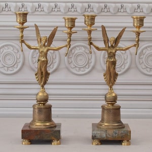 Two Bronze Empire Candlesticks - Gilded Bronze Victories - Vintage Candleholder - Home Decor - Vintage Candlestick - Gift Idea for Birthday