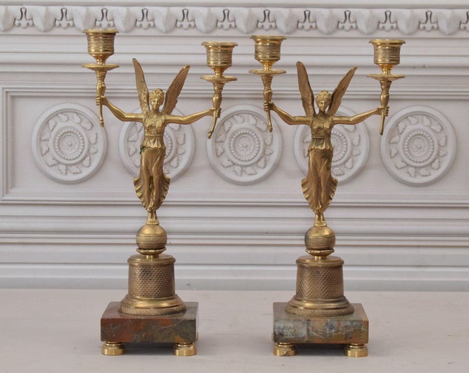 Two Bronze Empire Candlesticks - Gilded Bronze Victories - Vintage Candleholder - Home Decor - Vintage Candlestick - Gift Idea for Birthday