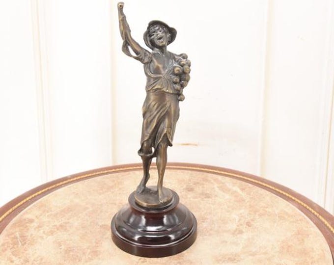 Vintage Bronze Woman in Dress Statue – Lady with Grape