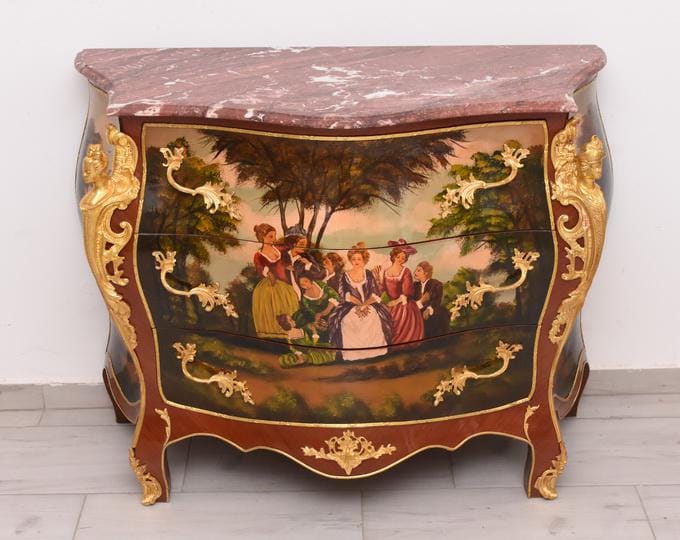 Unique French Louis XVI Chest of Drawers with Hand-Painted Aristocracy Scenes – Elegant Home Decor – Gift Idea