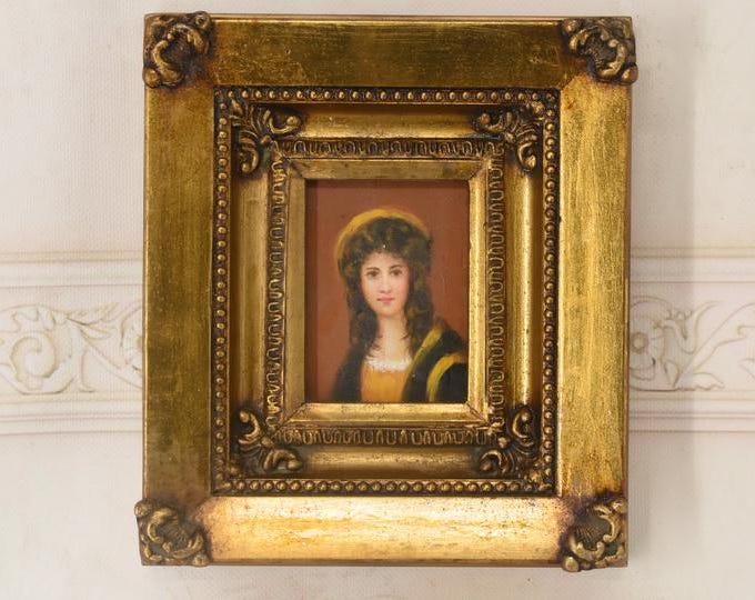 French Aristocrat Portrait Painting: Old Oil on Wood with Golden Frame