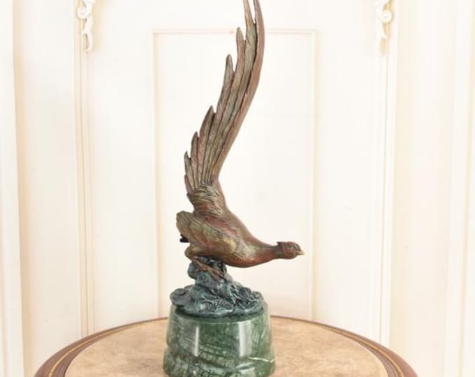 Large Pheasant Hunter Bronze Sculpture - Foundry Mark - Gift Hunting Idea - Pheasant Figurine Art Work - Animal Statue -