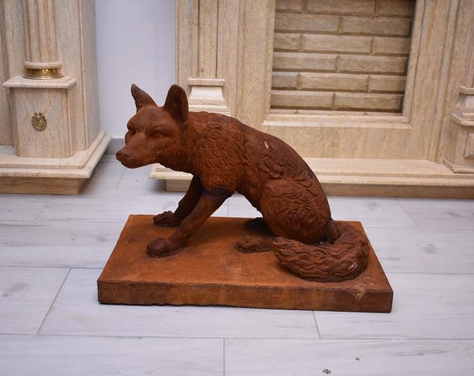 Large Cast Iron Fox Garden Statue - Rustic Realistic Figurine