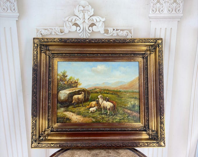 Sheep Family Painting – Pastoral Art in Golden Frame